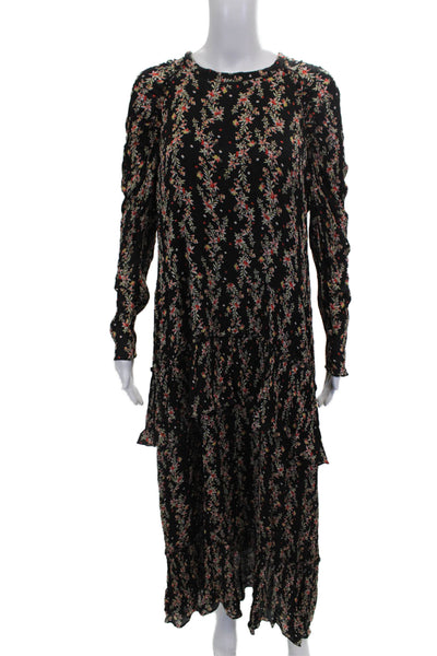 Zara Women Maxi Floral Viscose Long Sleeve Round Neck Black Dress Size 2XL