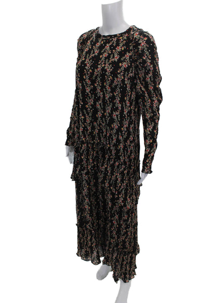 Zara Women Maxi Floral Viscose Long Sleeve Round Neck Black Dress Size 2XL