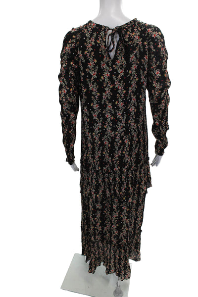 Zara Women Maxi Floral Viscose Long Sleeve Round Neck Black Dress Size 2XL