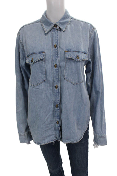Good American Womens Blue Cotton Collared Button-Up Coat Size 2