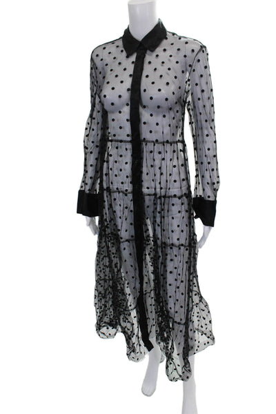 Zara Women Shirt Dress Black Polka Dot Long Sleeve Collared Mid-Calf Size M