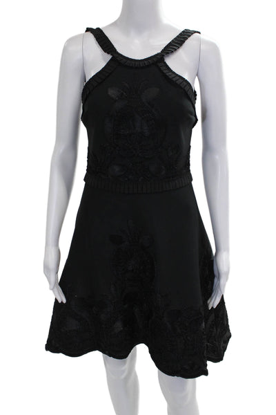 Alexis Women Fit & Flare Halter Embroidered Black Sleeveless Knee Dress Size XS