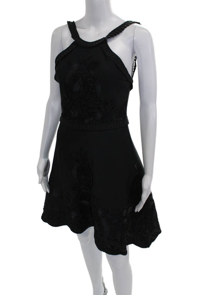 Alexis Women Fit & Flare Halter Embroidered Black Sleeveless Knee Dress Size XS