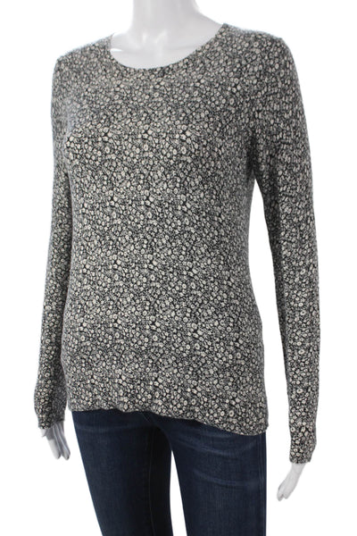 J Crew Women Black Floral Cotton Crew Neck Long Sleeve Basic T-Shirt Size S