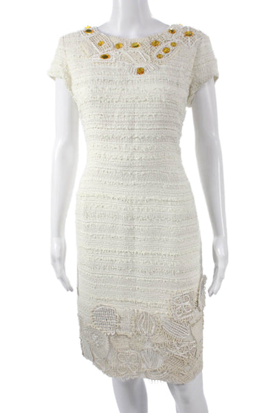 Oscar de la Renta Women Sheath Midcalf Dress Ivory Cotton Zip Size 12