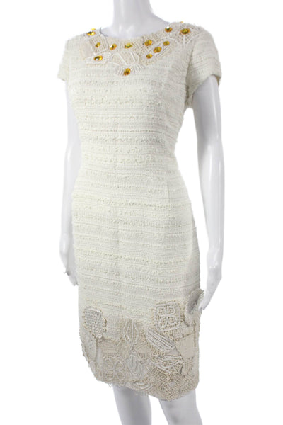 Oscar de la Renta Women Sheath Midcalf Dress Ivory Cotton Zip Size 12