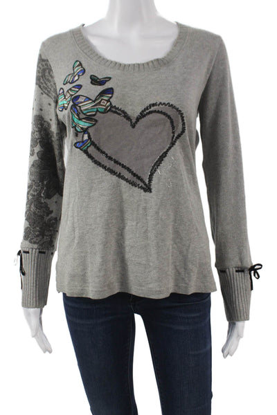 Desigual Women Pullover Sweater Gray Crew Neck Butterflies Size M