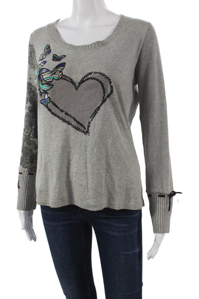 Desigual Women Pullover Sweater Gray Crew Neck Butterflies Size M