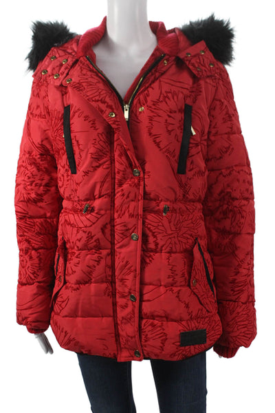 Desigual Womens Puffer Jacket Floral Red Button Polyester Long Sleeve Size 40