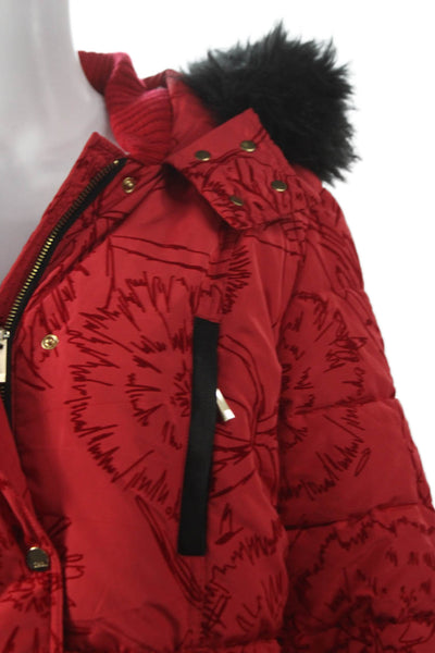 Desigual Womens Puffer Jacket Floral Red Button Polyester Long Sleeve Size 40