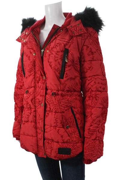 Desigual Womens Puffer Jacket Floral Red Button Polyester Long Sleeve Size 40