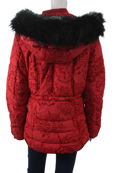 Desigual Womens Puffer Jacket Floral Red Button Polyester Long Sleeve Size 40