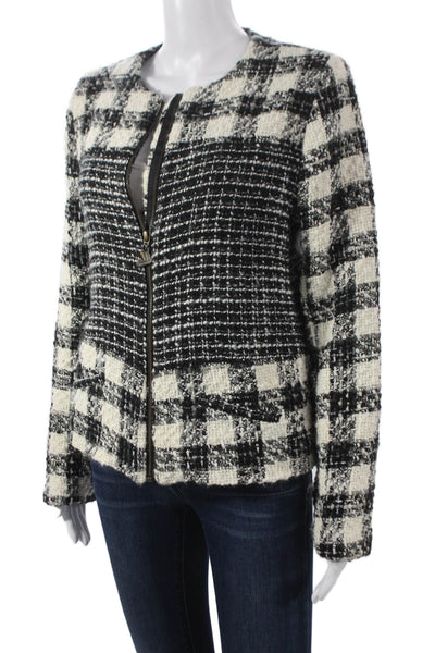 Desigual Women Basic Black Checked Jacket Zip Long Sleeve Size 42