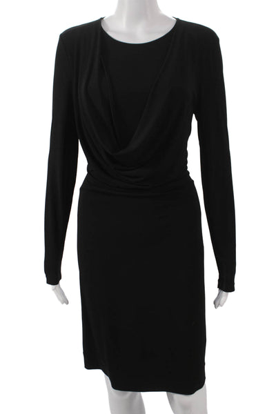 Calvin Klein Women Sheath Dress Black Cowl Neck Long Sleeve Knee Length Size 8