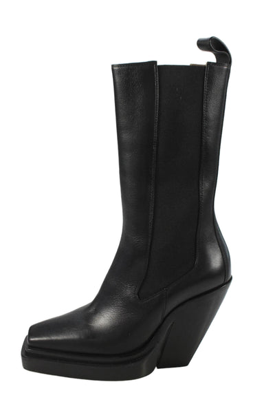 Bottega Veneta Womens Leather Mid Calf Stretch Inset Boots Black Size 35.5 5.5