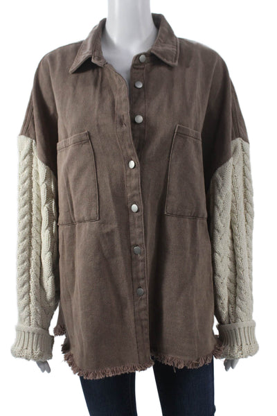 Pol Womens Basic Brown Cotton Button Long Sleeve Jacket Size L