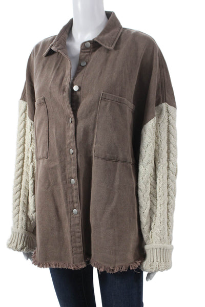 Pol Womens Basic Brown Cotton Button Long Sleeve Jacket Size L