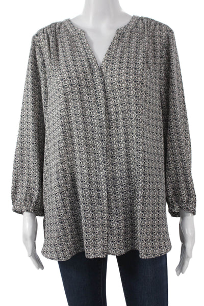 NYDJ Women Tunic Blouse V-Neck Geometric Blue Long Sleeve Polyester Size L