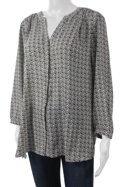 NYDJ Women Tunic Blouse V-Neck Geometric Blue Long Sleeve Polyester Size L