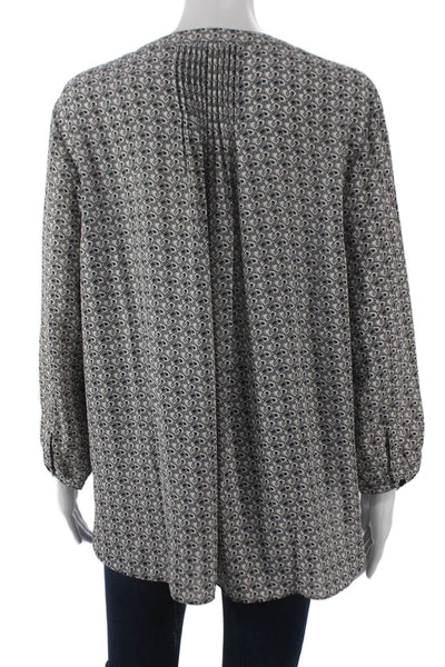 NYDJ Women Tunic Blouse V-Neck Geometric Blue Long Sleeve Polyester Size L