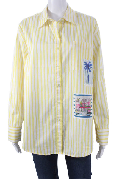 Kerri Rosenthal Women Striped Cotton Button Up Tunic Long Sleeve Yellow Size L