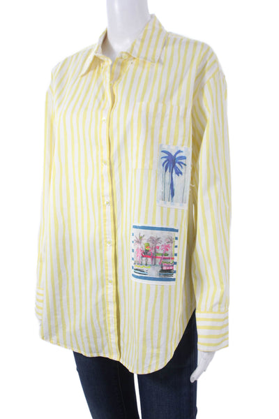 Kerri Rosenthal Women Striped Cotton Button Up Tunic Long Sleeve Yellow Size L