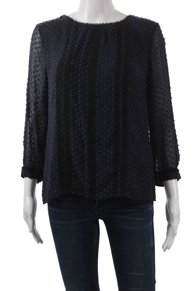 J Crew Women Blue Polka Dot Round Neck Long Sleeve Polyester Blouse Size 6P
