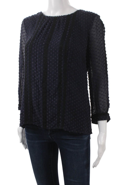 J Crew Women Blue Polka Dot Round Neck Long Sleeve Polyester Blouse Size 6P