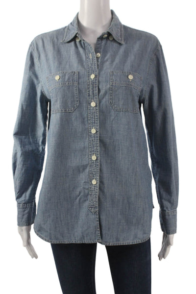 J Crew Women Collared Cotton Button-Up Shirt Blue Long Sleeve Size XS