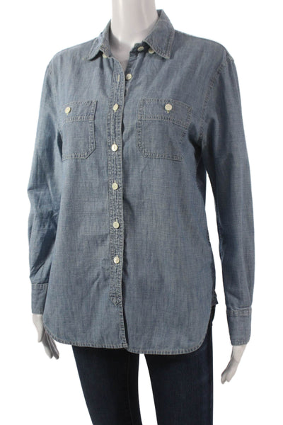 J Crew Women Collared Cotton Button-Up Shirt Blue Long Sleeve Size XS