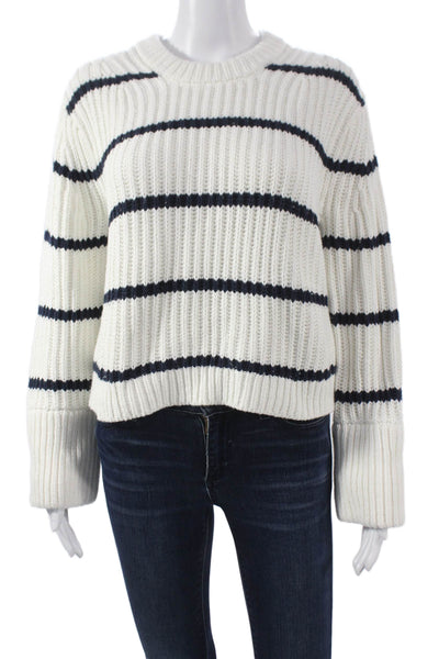 J Crew Women Pullover Sweater White Striped Crew Neck Cotton Long Sleeve Size S