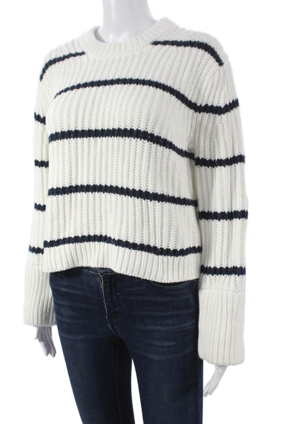 J Crew Women Pullover Sweater White Striped Crew Neck Cotton Long Sleeve Size S