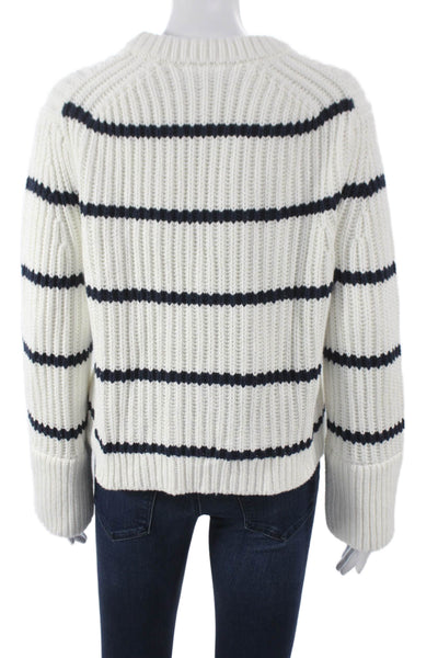 J Crew Women Pullover Sweater White Striped Crew Neck Cotton Long Sleeve Size S