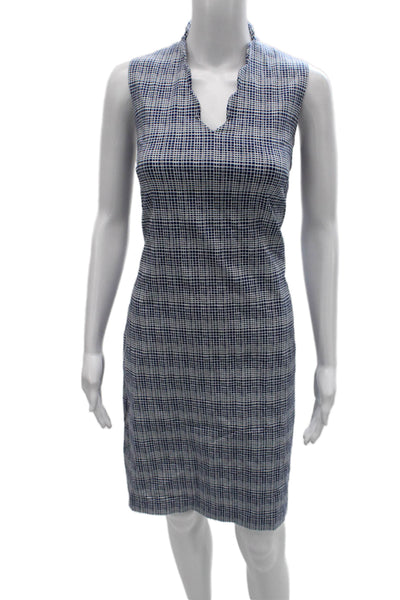 J. Mclaughlin Womens Sheath Dress Blue Check Rayon V-Neck Sleeveless Zip Size 8