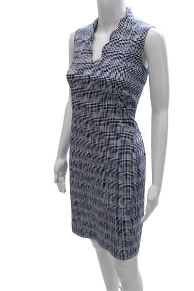 J. Mclaughlin Womens Sheath Dress Blue Check Rayon V-Neck Sleeveless Zip Size 8