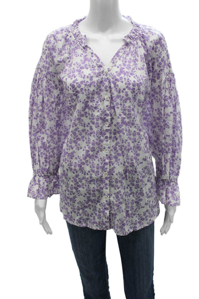 Ro's Garden Womens Tunic Blouse White Floral Cotton V Neck Long Sleeve Size XL