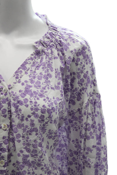 Ro's Garden Womens Tunic Blouse White Floral Cotton V Neck Long Sleeve Size XL