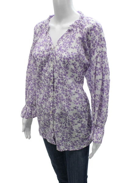 Ro's Garden Womens Tunic Blouse White Floral Cotton V Neck Long Sleeve Size XL