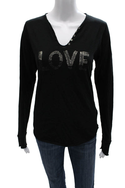 Zadig & Voltaire Women V-Neck Button Long Sleeve T-Shirt Black Size L