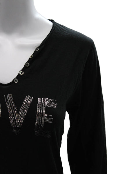 Zadig & Voltaire Women V-Neck Button Long Sleeve T-Shirt Black Size L