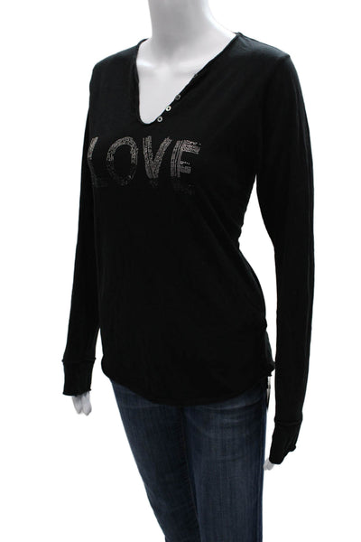 Zadig & Voltaire Women V-Neck Button Long Sleeve T-Shirt Black Size L