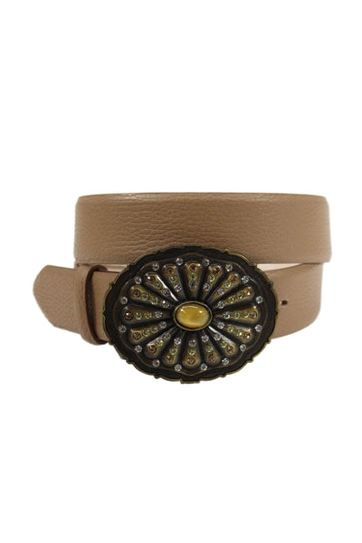 Tardini Womens Genuine Leather Crystal Accent Buckle Belt Taupe Size 36