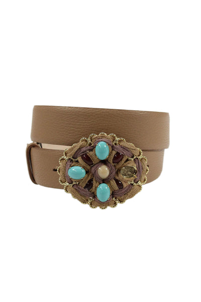 Tardini Womens Genuine Leather 1.5" Width Embellished Buckle Belt Taupe Sz 36