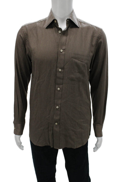 Joseph Abboud Mens Dress Shirt Brown Herringbone Cotton Long Sleeve Size S