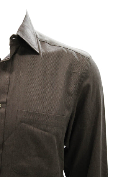 Joseph Abboud Mens Dress Shirt Brown Herringbone Cotton Long Sleeve Size S