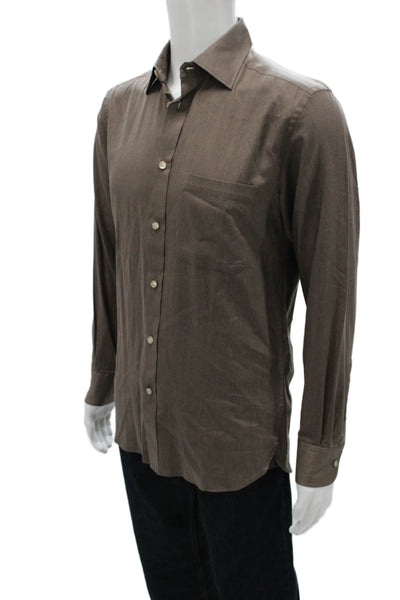 Joseph Abboud Mens Dress Shirt Brown Herringbone Cotton Long Sleeve Size S