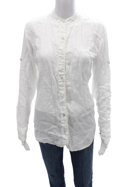 120% Lino Women Collared Linen Button-Up Long Sleeve Top White Size 44