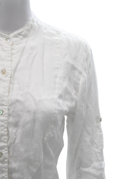 120% Lino Women Collared Linen Button-Up Long Sleeve Top White Size 44