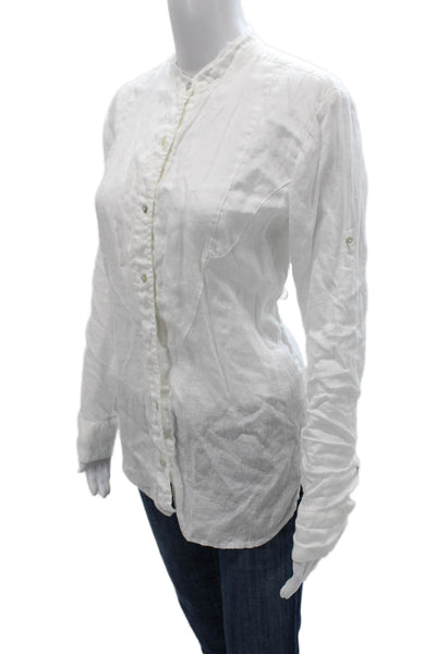 120% Lino Women Collared Linen Button-Up Long Sleeve Top White Size 44