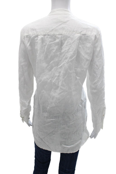 120% Lino Women Collared Linen Button-Up Long Sleeve Top White Size 44